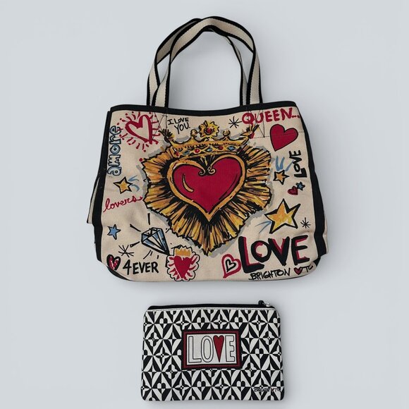 Set of BRIGHTON Canvas QUEEN OF LOVE Tote PLUS Zippered LOVE Pouch New - Picture 4 of 6